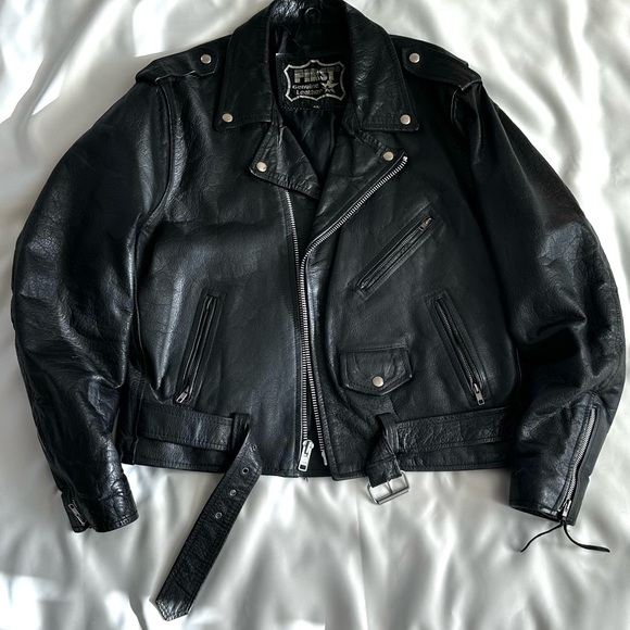 VINTAGE 1980s Black Genuine Leather Biker Jacket Moto Streetwear ~Rare! SZ 46 - Picture 14 of 16